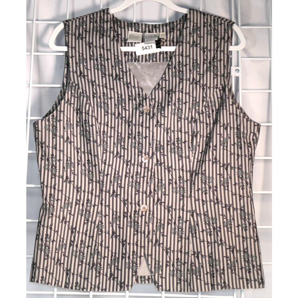 Vintage Silk Vest Womens Size 14 Gray Floral Sleeveless Striped Buttons Lined